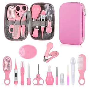 Baby Grooming Kit, Infant Safety Care Set with Hair Brush Comb Nail Clipper Nasal Aspirator,Baby Essentials Kit for Newborn Girls Boys (Pink Baby Grooming kit)