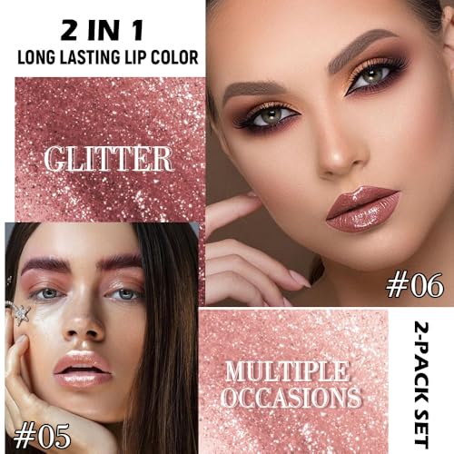 Image of evpct 2Pcs Beige Gold Mature Red Metallic Glitter Lip Liner and Lipstick Combo, Shimmery Lip Gloss Stain Set Makeup for Women LongLasting Waterproof, Metallic Shimmer Iridescent Glossy Liquid Lipstick