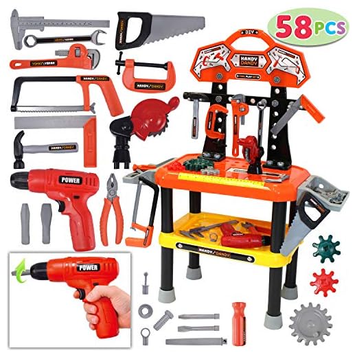 78 Pieces Kids Workbench with Realistic Tools and Electric Drill for Construction Workshop Tool Bench, STEM Educational Play, Pretend Play, Birthday Gifts and Tool Bench Building Set by JOYIN