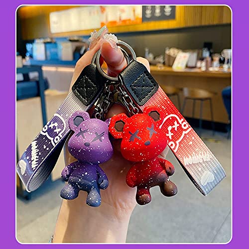 Hsyhere Cute Color-Changing Bear Resin Keychain Creative Pvc Braided Belt Cartoon Animal Bag Pendant Car Key Pendant Metal Keyring Men Women Boy Girl-Red #TOP4