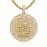 ICEDIAMOND 14K Iced Out Super Bling Round Coin Pendant Chain Necklace, Gold Plated Full Shiny CZ Diamond Encourage Charm Hip Hop Jewelry for Men Women (Gold)