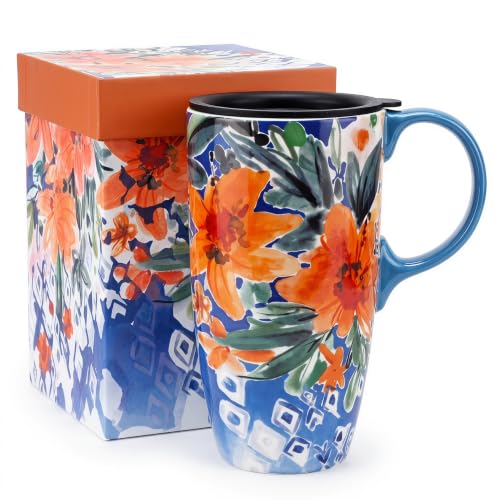 Vaso de viaje cerámico 17oz con tapa diseño bohemio
