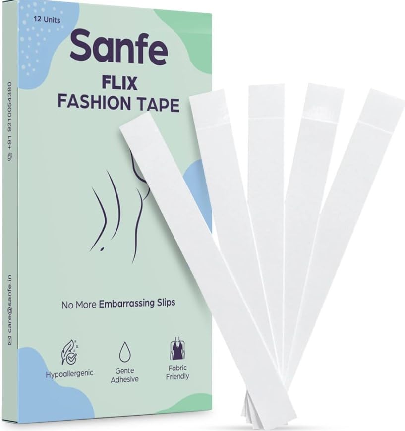 Image of Sanfe Flix Fashion Tape for Body & Clothing | Double-Sided Lingerie & Dress Tape | Hypoallergenic, Gentle Adhesive, Fabric-Friendly | Pack of 12
