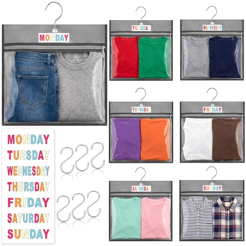 GliCraft 7 Pcs Weekly Travel Organizer Pouches Day of Week Daily Clothing Packing Cubes Monday to Weekend Clothes Storage with Color Labels for Kids School Outfits Day of Week Hanging Closet Organizer