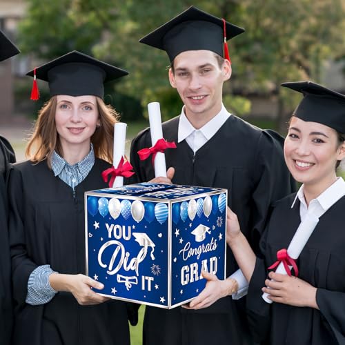 Image of Blue Graduation Congrats Card Box, Class of 2026 Navy Blue Silver Graduation Party Decorations Money Card Boxes Holder, Graduation Gift Card Box for Grad Parties Supplies 8.7 x 8.7 x 8.7 Inch