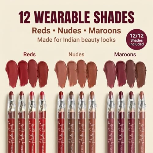 Image of 12 Pcs Matte Lip Liner & Lipstick Combo Brown Nude Red Maroon | Waterproof, Pencil, Set for Daily Party Makeup Looks, Indian Beauty, Line Fill