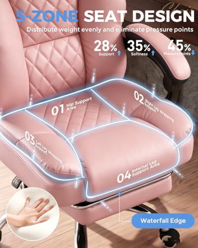Image of GTPLAYER Executive Office Chair Big and Tall Leather Gaming Chair with Pocket Spring Cushion & Ergonomic Lumbar Support for Lower Back Pain Relief, Comfy Desk Chair with Footrest, Pink