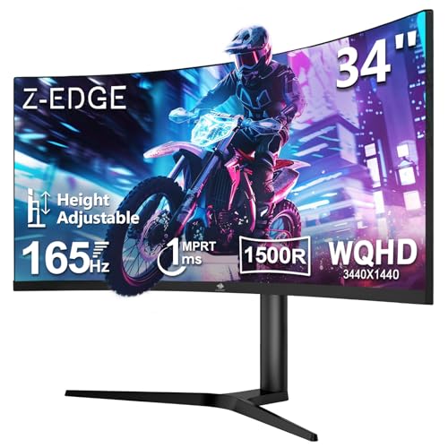 Z-Edge Monitor Gaming Curvo 34'', 165Hz, 3440x1440, 1ms MPRT, Altura & Inclinación Ajustables,...