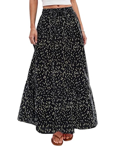 BTFBM Womens Boho Maxi Skirt 2026 Summer Floral High Waisted Flowy Tiered Long Spring Beach Vacation Skirts Pockets(Black, Small)