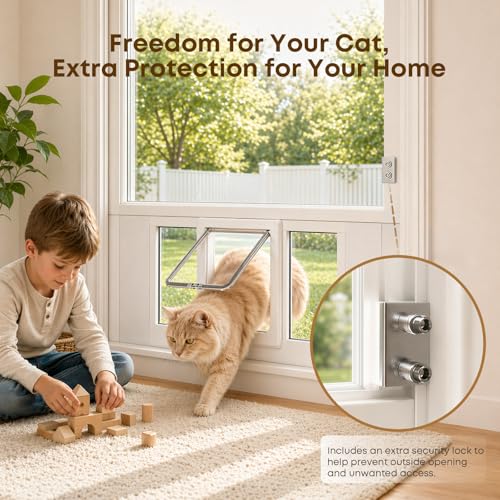 Cat Door for Window, Adjustable 31"-36", 4 Locking Modes + Extra Security Lock for Outside Safety, Window Pet Door with Magnetic Self-Closing, No-Drill Installation, Weatherproof Aluminum Frame Insert by AviaryAces - Used condition - Image 4