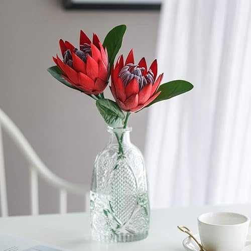 Miniatura 7 de Flores artificiales de seda falsa, Protea Cynaroides, arreglos florales de plástico, ramo de decoración para centros de mesa de boda, 3 piezas (rojo)