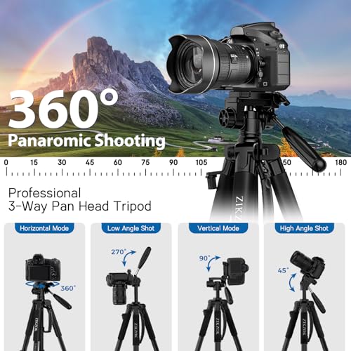 75" Camera Tripod, Aluminum Heavy Duty Camera Stand for ipad Phone, Travel Tripod with/Carry Bag/Phone Tablet Holder, Compatible with Canon Nikon Sony DSLR, Spotting Scopes, Max Load 15 Lb(Black)