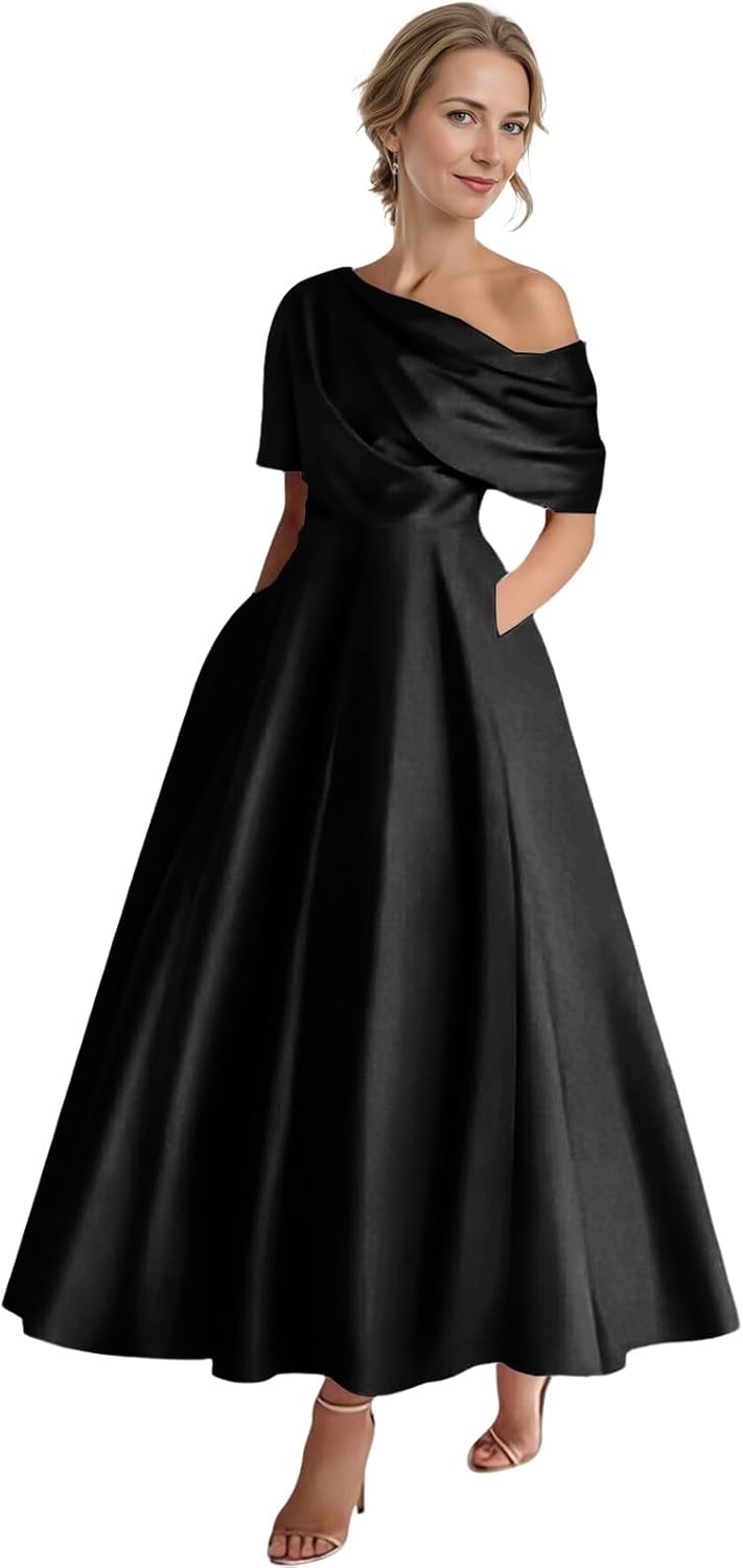 Tea Length Mother of The Bride Dresses for Women - Satin One Shoulder Formal Evening Dress with Pocket