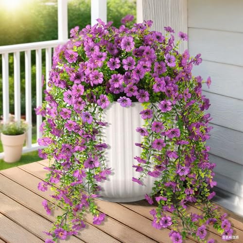 Artificial Fake Flowers Plants for Outdoors, 2 PCS UV Resistant Faux Silk Daisy with Eucalyptus Leaves Hanging Flowers for Home Garden Balcony Yard Porch Decor(Purple)