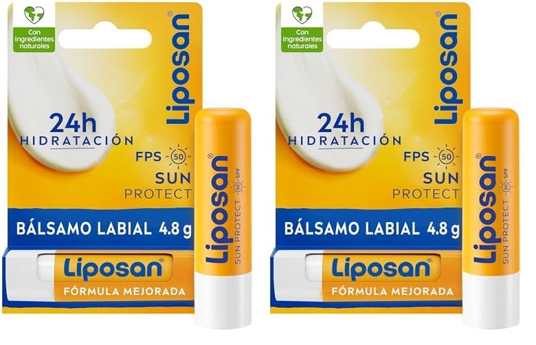 Liposan Sun Protect FPS 50 (1 x 4,8 g), cacao de labios con 24 horas de hidratación, bálsamo labial con protección solar, bálsamo hidratante para unos labios suaves (Paquete de 2)