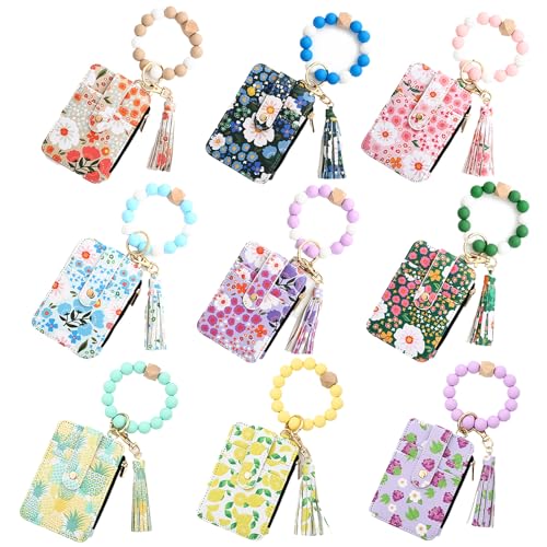 Womens Boho Beaded Wallet with Flower Pattern Boho Style Beaded&Tassel Keychain 6/9 PCS Wristlet Wallets for Women (Set G 9 Pcs)
