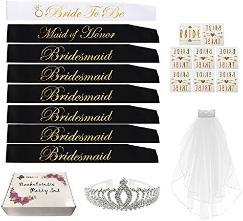 GEMICH BACHELORETTE PARTY SASH SET:Bride to be sash,1 Maid of honor sash,6 Bridesmaids sash,Bachelorette Sashes,Team bride Sash,Tiara,Veil/,8 tattoos Bridesmaids, Bridal shower favors.