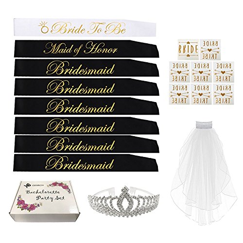 Gemich Bachelorette Party Sash Set:bride To Be Sash,1 Maid Of Honor Sash,6 Bridesmaids Sash,Bachelorette Sashes,Team Bride Sash,Tiara,Veil/,8 Tattoos Bridesmaids, Bridal Shower Favors. #TOP2