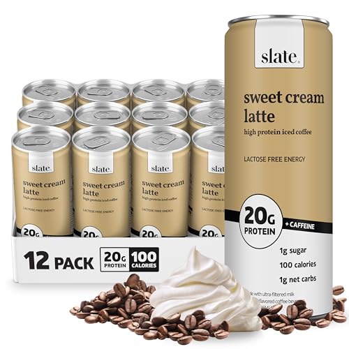 Image of Slate Milk - High Protein Iced Coffee - Sweet Cream Latte - 175mg Caffeine, Lactose Free Energy - 20g Protein, 1g Sugar, 100 Calories, 1g Net Carbs, No Sugar Added - Protein Coffee - 11 fl oz, 12 Cans
