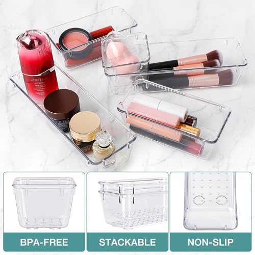 Image of StorMiracle 16 PCS Drawer Organizer Set, 5 Varied Size Bathroom and kitchen Drawer cabinet organizer Trays, Clear Storage Bins for Makeup, Jewelry, Utensils and Gadgets