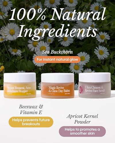 Frøya Organics The Complete Blemish System for Women | Includes Magic Revive & Glow Day Balm, Ultra Cleanse & Revive Face Scrub, Instant Rosacea, Acne & Redness Stopper | 60-Day Supply