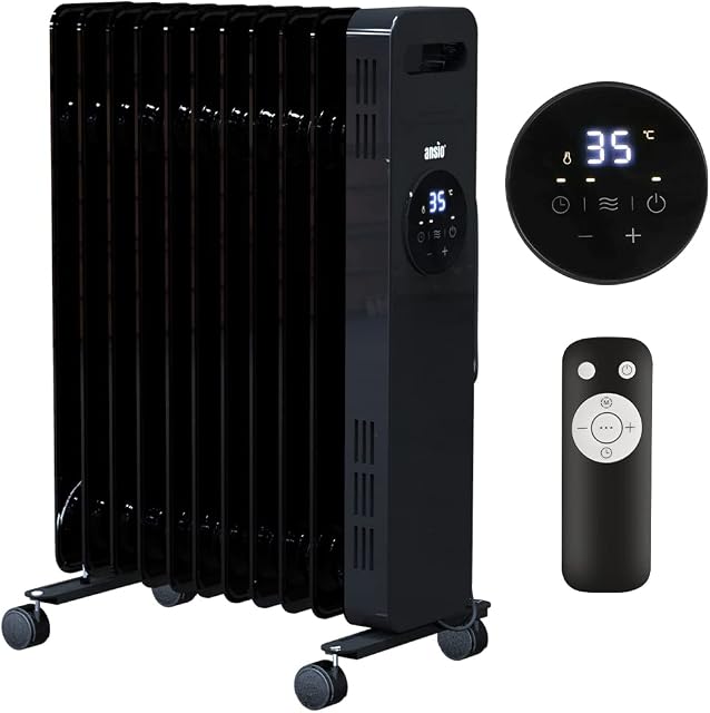ANSIO® Oil Filled Radiator Heater 11 Fins 2300W with Remote, Black Portable Electric Column Heater with Thermostat, Overheat and Accidental Tip-Over Protection