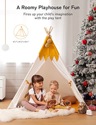 besrey Tipi-tent voor kinderen, tipi, kindertent, tipi-tent, outdoor, kindertent, outdoor, van katoen, met gevoerde deken en lichtketting, kindertent voor kamer - Afbeelding 3