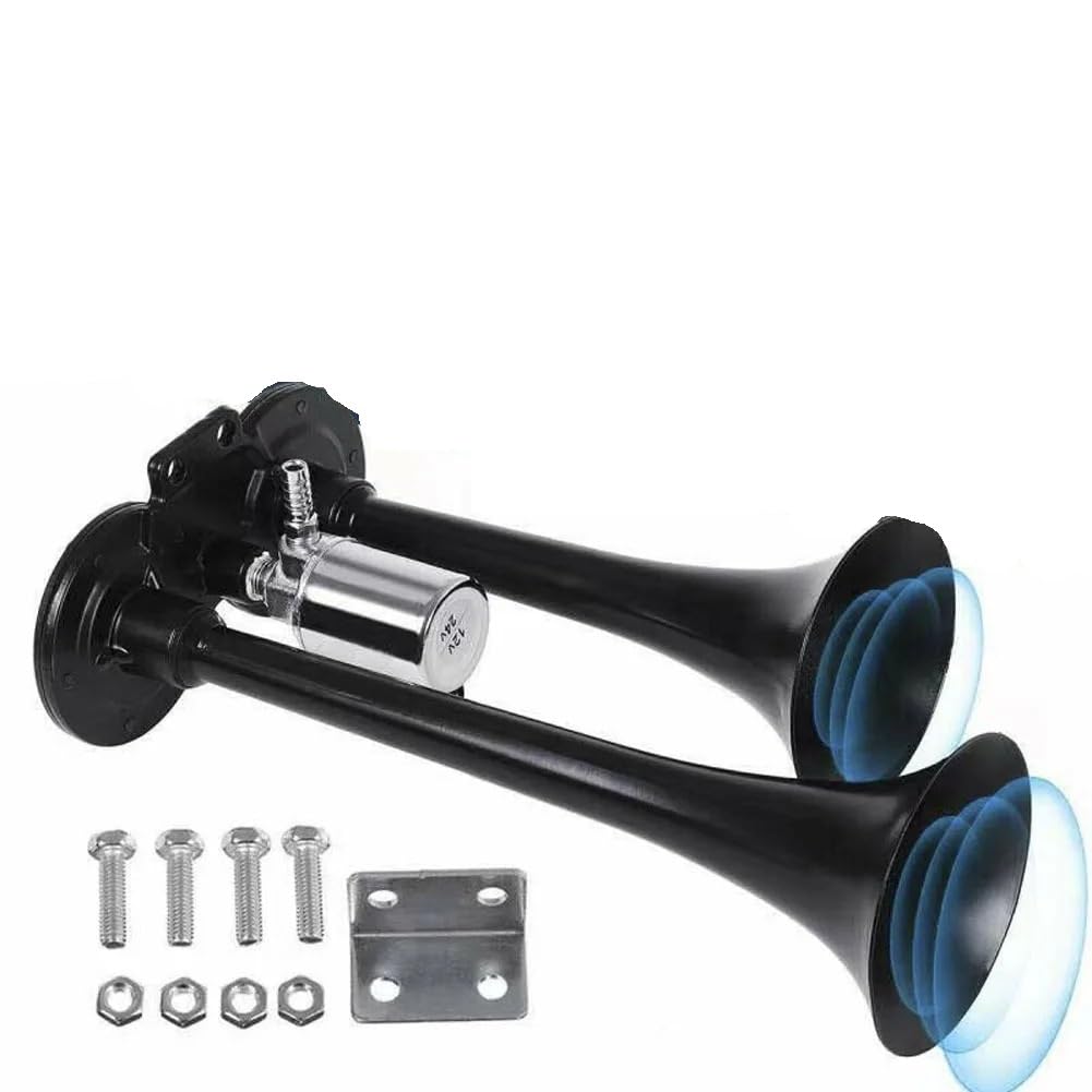 Dwutonowy klakson, Podwójny klakson pneumatyczny 12V/24V do samochodów ciężarowych łodzi srebrny i czarny(Black)