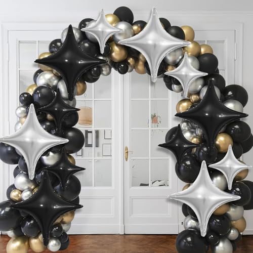 Image of Black Silver Star Balloons,12Pcs Four Angle Star Foil Balloons | 26Inch and 10Inch Black Silver Quadrangle Star Helium Balloon for Birthday Baby Shower Wedding Party Decorations