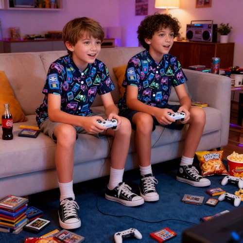 Image of uideazone Boys Hawaiian Shirts Novelty Printed Funky Short Sleeve Button Down Shirt Kids Aloha Luau Shirt 7-14T