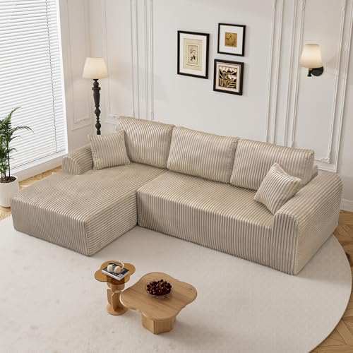 Image of 110 inch L Shaped Boneless Sectional Couches for Living Room, Comfy Corduroy Floor Cloud Sofa with Chaise, Wide Armrest, Deep Seat, Memory Foam, Assembly Free, Ideal for Small Spaces, Brown