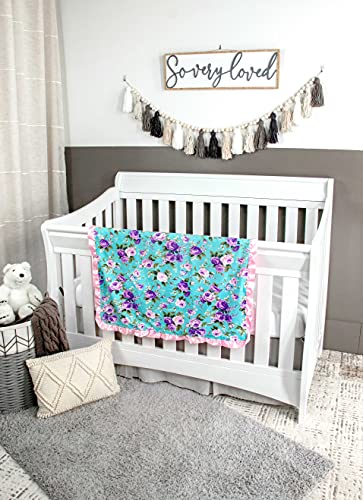 Top Tots Baby Blanket - Purple Flowers With Pink Minky Dot & Satin Ruffle, 31 X 31 Inch Aqua #TOP2