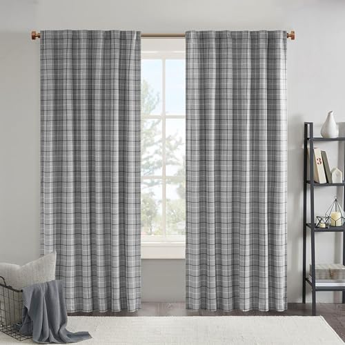 Image of Madison Park Anaheim Cabin Plaid Curtain Window, Thermal Insulated Fleece Lining, Living Room Decor Room Darkening Drape for Bedroom, 1-Single Panel Pack, 50x108, Rod Pocket & Back Tab, Grey