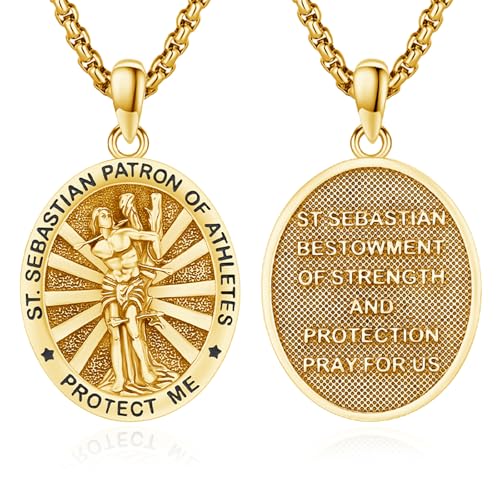 Saint Sebastian Medal Necklace for Men Women 925 Sterling Silver Protect This Athlete Pendant 18k Gold Plated Patron St Sebastian Confirmation Gifts Religious Protection Amulet Jewelry