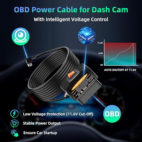 Image of OBD2 to USB C Power Adapter for Dash Cam, Hardwire Kit with Parking Mode, Low Voltage Protection (11.6V /23.4V), Acc Detection, Plug and Play Continuous Recording Cable（Type-C