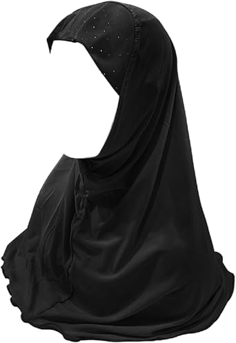 Muslim Jersey Hijab with Rhinestones Islamic Prayer Turban Head Cover Wrap Scarf Shawls for Little Girls Aged 2-7Y