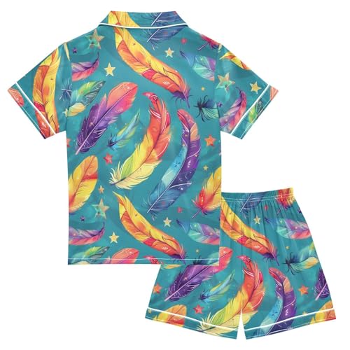 Rainbow Feather Pajamas Set Summer Button Down Sleepwear Pjs Sets Comfy Loungewear2