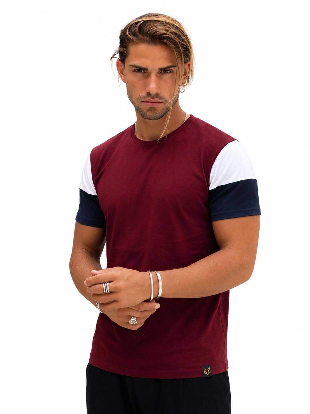 Men's Color Block Round Neck T-Shirt | Regular Fit | Half Sleeve Casual Cotton Blend Tee | Maroon, White & Navy Blue-image-15
