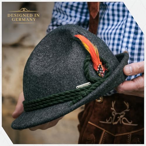 Image of BAVARIA TRACHTEN German Hat for Oktoberfest, 100% Wool Felt Bavarian Hat Men, Bird Feather - Alpine Austrian Hats - Green