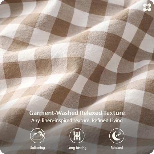 Image of Bedsure PureWoven Gingham Sheets 100% Washed Cotton Queen, Brown, 6PCS | Linen-Like Percale Sheets, Breathable & Relaxed, 18 inch Deep Pocket, Rustic Minimalist Farmhouse Checkered Yarn-Dyed Plaid