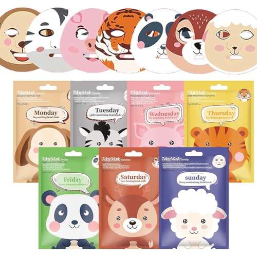 JAWUZ 7 Piezas Mascarilla Hidratante Facial,Mascarillas Faciales Para Niñas,Face Mask Viene Con Lindos Estampados De Animales,Mascarilla Facial Coreana Apto Para Todo Tipo De Piel