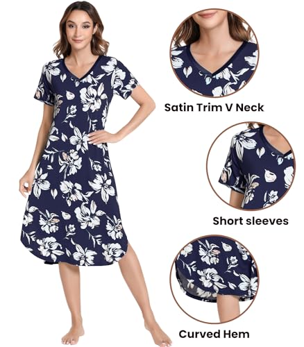 Image of NACHILA Nightgowns for Women-Viscose Made from Bamboo, V Neck Sleepshirts Short Sleeve Sleepwear Cool Nightshirt
