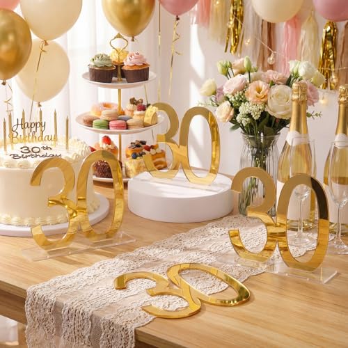 Image of Threehoney 6 Pcs Mirror Gold 30th Birthday Decorations for Men and Women Acrylic Anniversary Decorations Table Numbers Centerpieces for Birthday Party