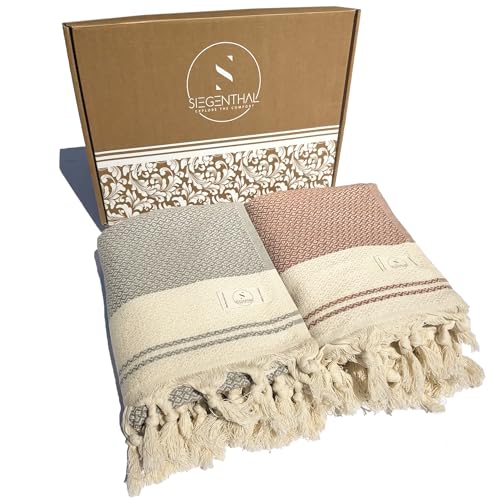 SIEGENTHAL® Hamamtuch 2er Pack – Leichtes Strandtuch & Saunatuch aus 100% recycelter Baumwolle – Schnell Trocknend, Groß & Weich – 90cm x 200cm – Ideal für Strand, Sauna, Yoga, Picknick – Grau & Rot