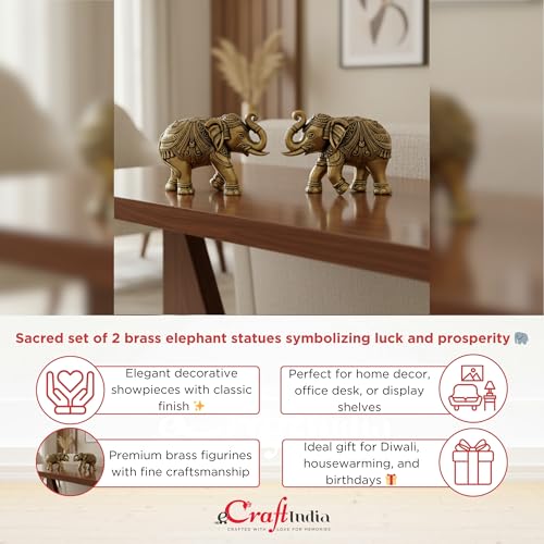 Image of eCraftIndia Set of 2 Brass Elephant Statue Decorative Showpiece Gift for Diwali Housewarming Birthday (1.75 inch)