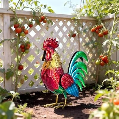 Natelf Metal Rooster Garden Statue Decor, Chicken Yard Art Standing Sculpture Lawn Ornament for Patio, Backyard, Kitchen, Home Decoration (red)
