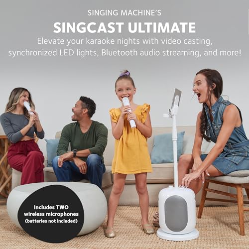 Image of Singing Machine SMC2040S Ultimate Karaoke System, 50 watts System, Sing Cast Video Streaming and Pitch Lab Technology with Rechargeable Battery and Two Wireless Mics, White
