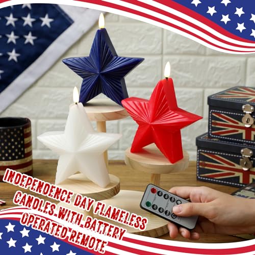 Image of Tujoe 3 Pcs 4th of July Flameless Candles Star Patriotic Candle Independence Day Battery Operated Candles USA Red White Blue LED Stars with Remote for Holiday Table Decorations