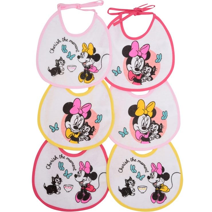Ellepi Disney Lot de 6 bavoirs avec lacets | Minnie et Mickey | 100 % coton avec dos imperméable, Minnie., 18x18cm