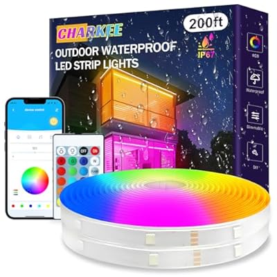 CHARKEE 200ft Outdoor LED Strip Lights Waterproof, Bluetooth and APP Control LED Rope Lights IP67 Waterproof Outside,RGB Tape Lighting Music Sync for Pool Yard Decoration(100ft*2)
